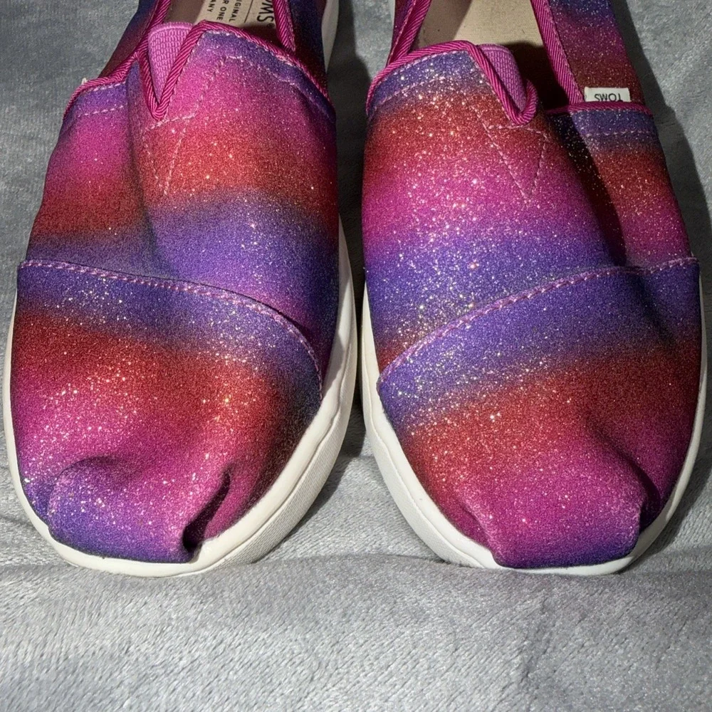 TOMS Girls Pink & Purple Glitter Slip On Canvas Alpargata Shoe Size 4 Youth